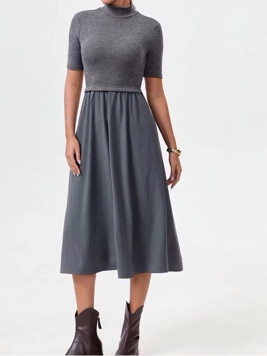 Dresses & Skirts - Mock Neck Short Sleeve Midi Dress in Charcoal Gray